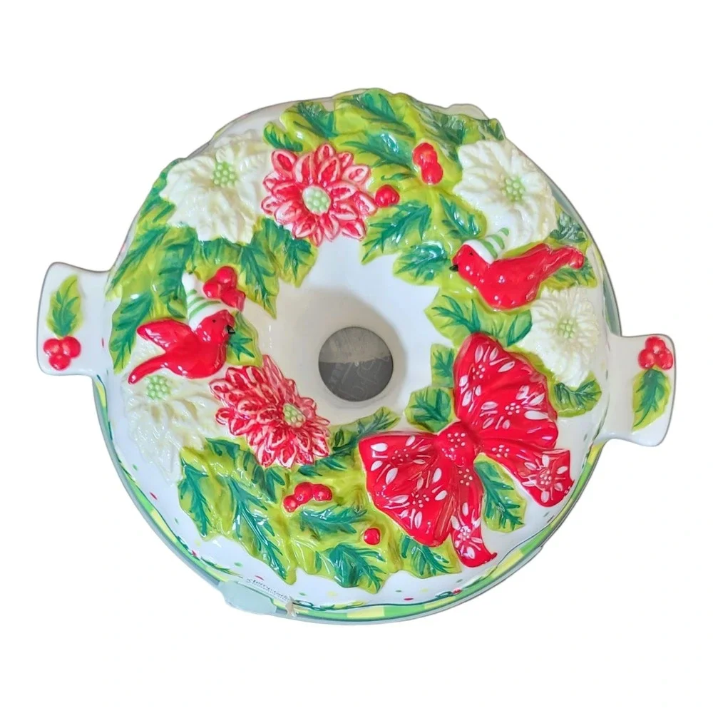 Temptations Presentable Ovenware Holiday Fluted Bundt Pan w Tray Ceramic Holiday